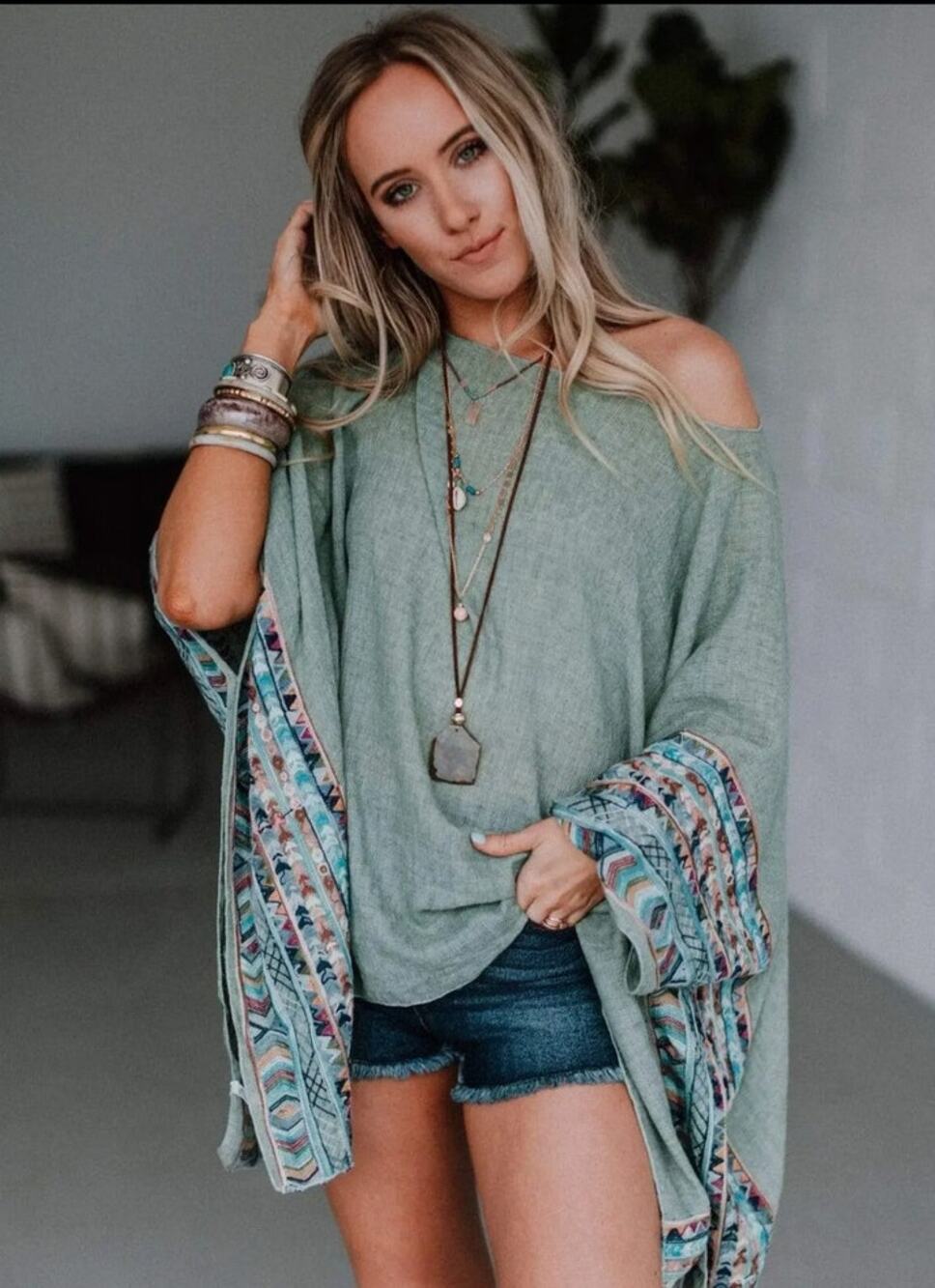 Three Bird Nest Fallon Embroidered Sleeve Poncho - Sage